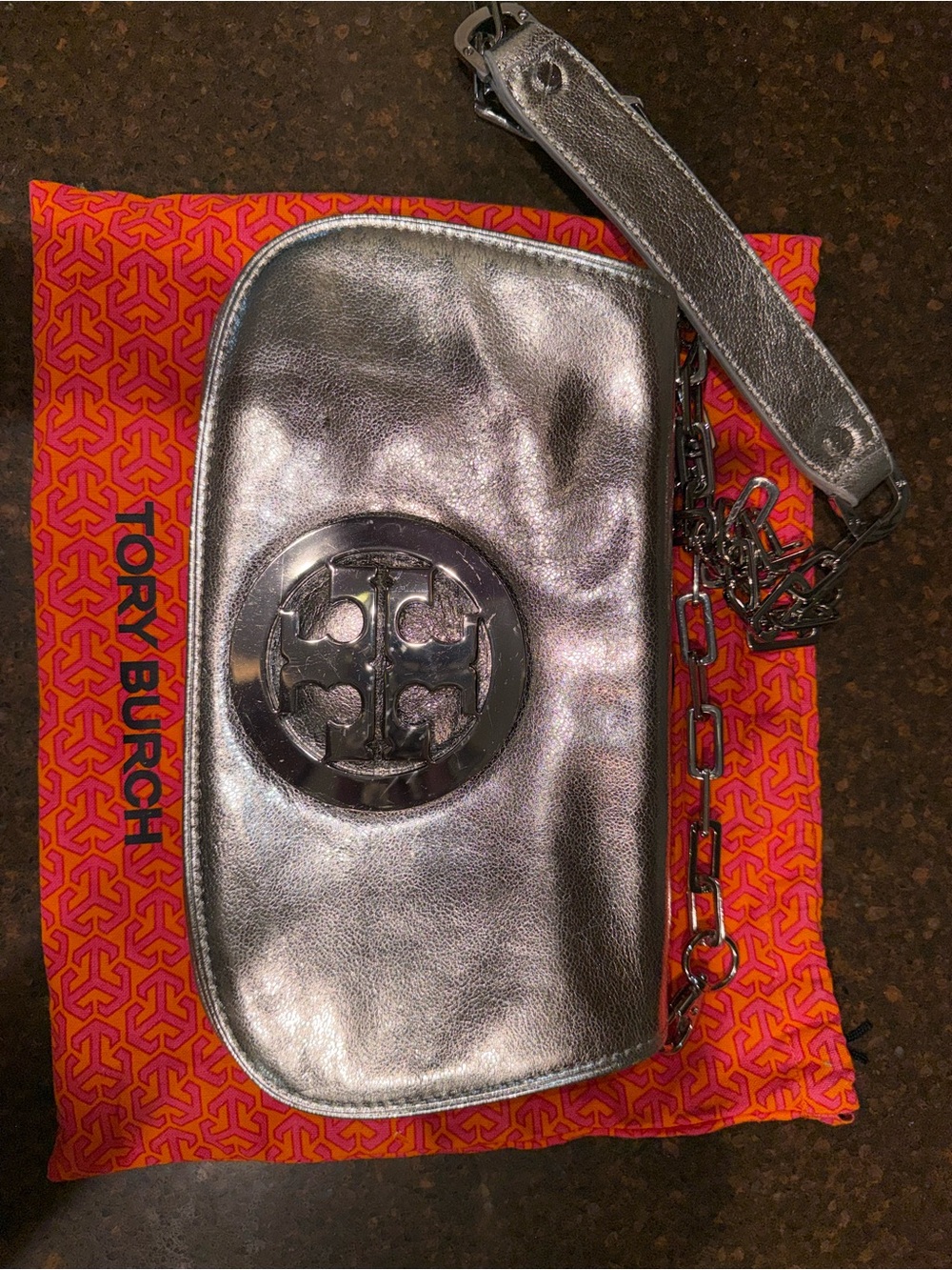 Tory Burch Silver Metallic Logo Crossbody Pouch